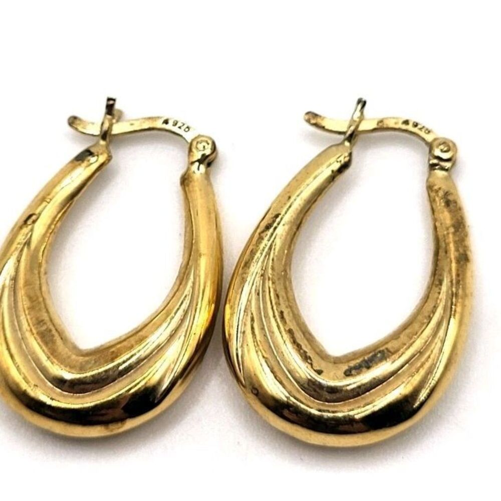 14k Vermeil Vintage 80s Hoop Earrings 1in - Picture 2 of 5